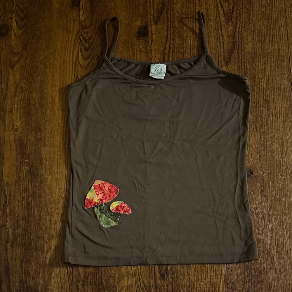 Upcycled Brown Tank Top with Mushroom Patchwork 🍄